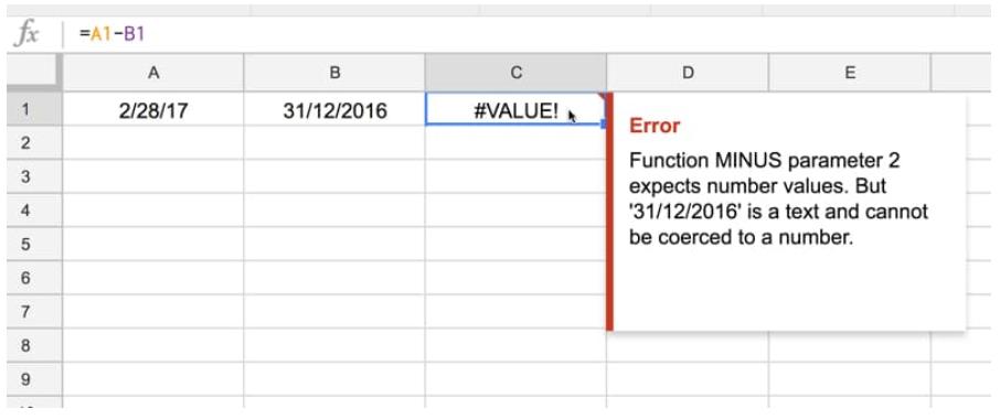 Lỗi #VALUE! trong Google Sheets vì trừ ngày tháng 